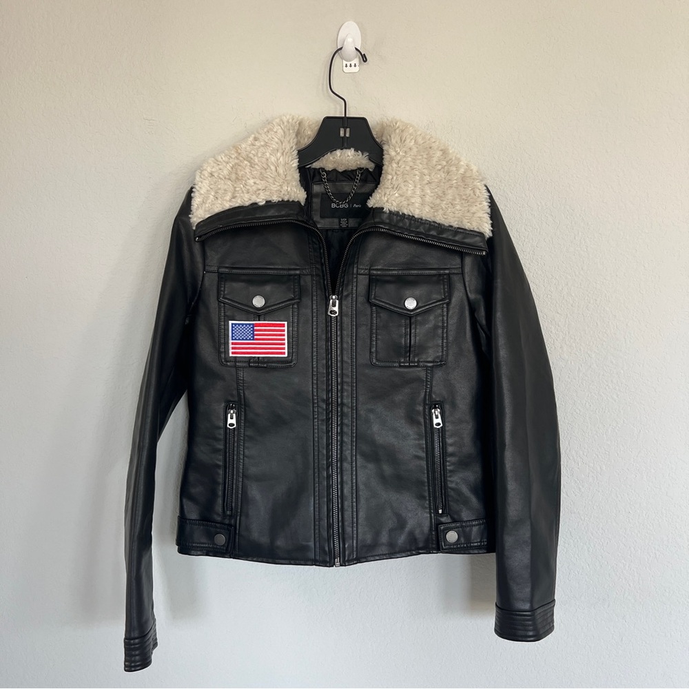 BCBG Paris Black Faux Leather Jacket with Shearling Collar & American Flag Patch